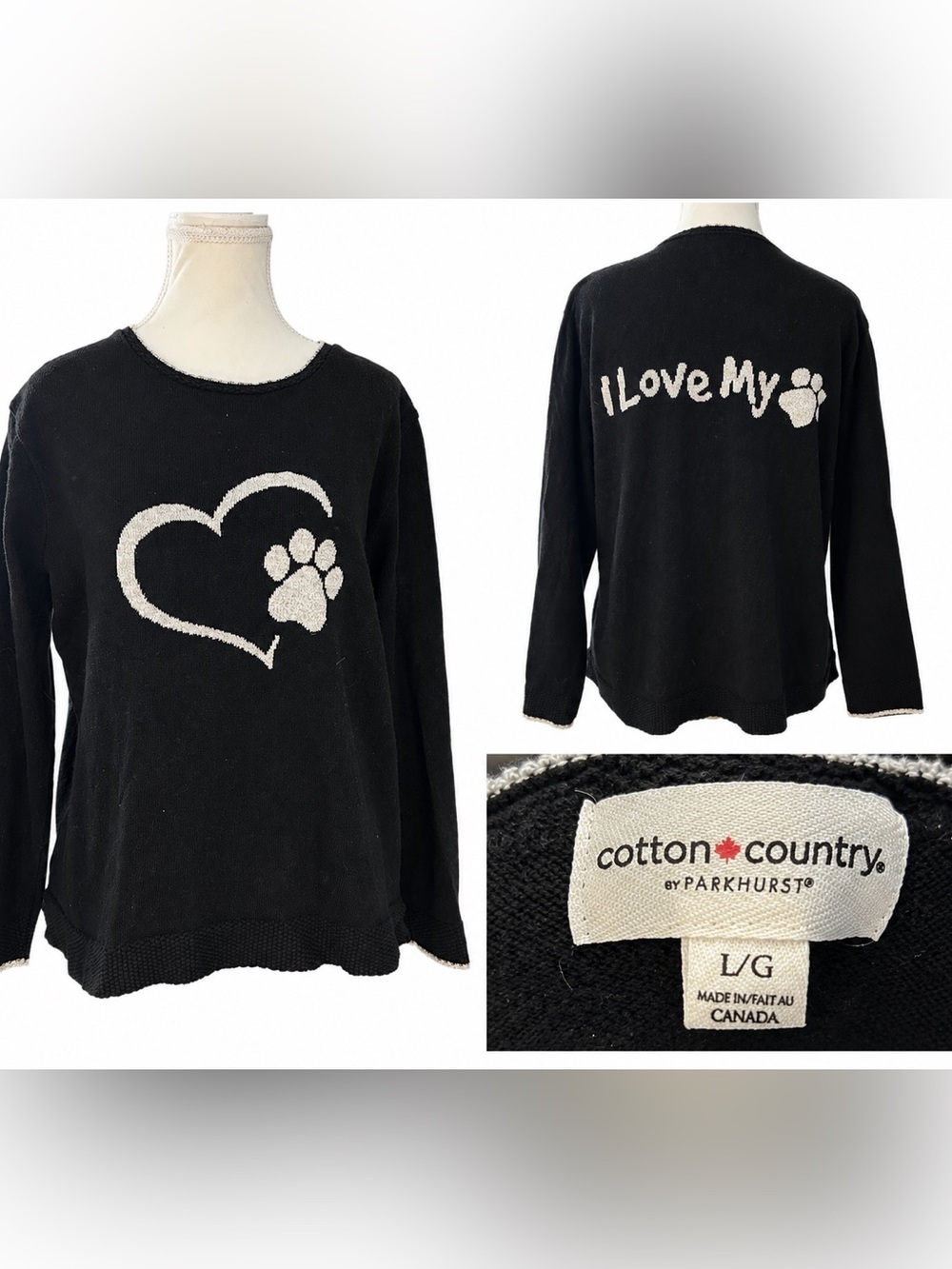 I Love My Dog Sweater- Cotton Country by Pankhurst size L made in Canada 🇨🇦